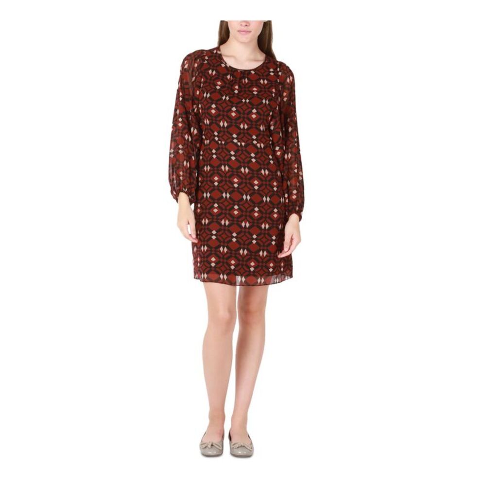 BLACK TAPE Womens Maroon Lined Long Sleeve Round Neck Short Fit + Flare Dress S